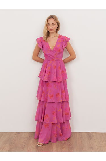 Anaya With Love Recycled Hot Pink Floral Print Faux Wrap Tiered Maxi Dress