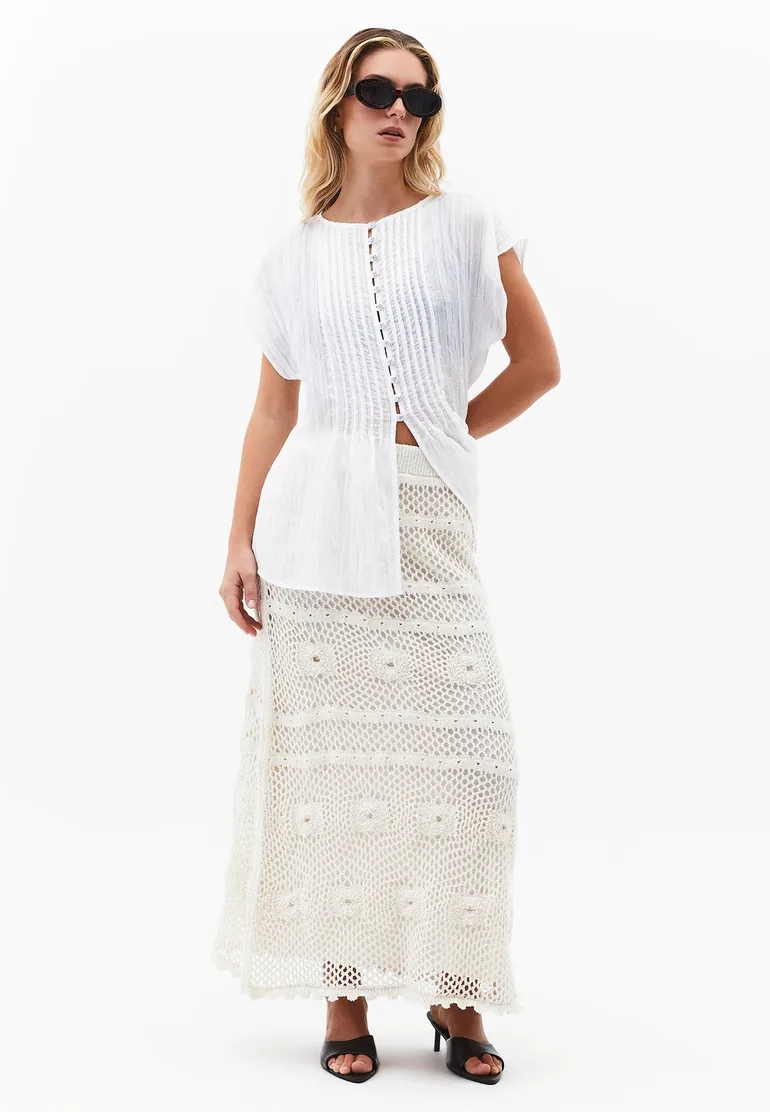 Midi Length Openwork Skirt - ALMOND MILK
