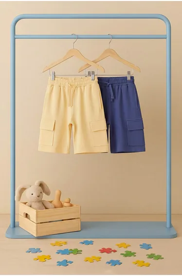 Yellow-Blue Plain Knitted Shorts & Bermuda