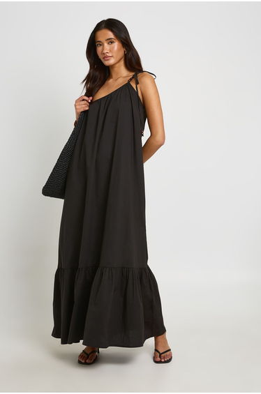 Beaded Tie One Shoulder Smock Maxi Dress - black