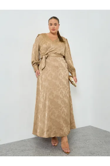 Plus Size Beige Long Sleeves Wrap Maxi Dress