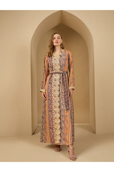 Paisley Print Lace Trim Jalabiya with Fabric Belt
