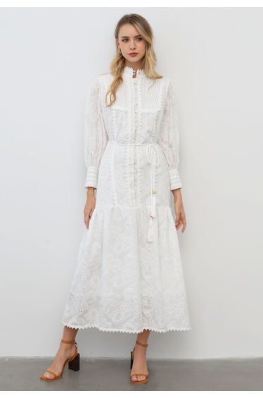 Floral Eyelet Embroidery Tassel String Buttoned Maxi Dress in White