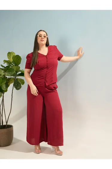 Plus Maroon Solid Top and Trousers Co-Ords