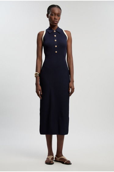 Petite Rib Knit Military Colour Block Sleeveless Midi Dress
