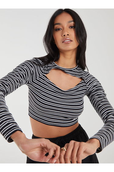 Striped Rib Letterbox Long Sleeve Crop Top