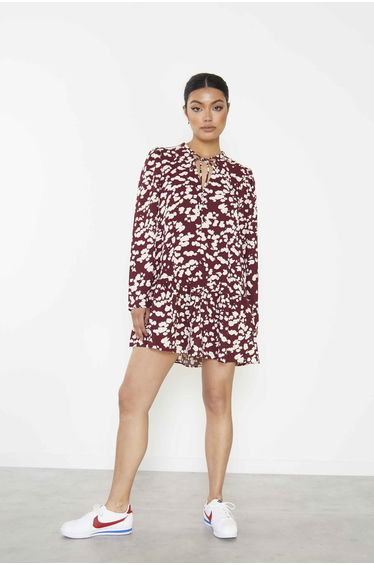 Glamorous Burgundy Cream Abstract Mini Dress with Ruffle Hem and Long Sleeves