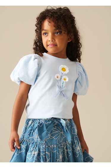 Daisy Flower Embroidered Puff Sleeve T Shirt