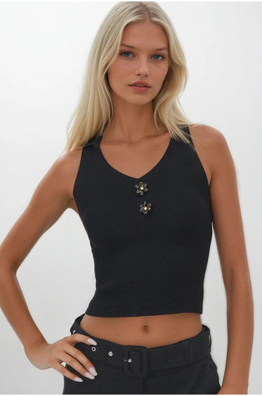 Women's Black Polo Collar Accessory Detailed Soft Textured Summer Knitwear Blouse