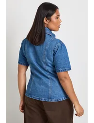Plus Seam Detail Denim Shirt - mid blue - 2