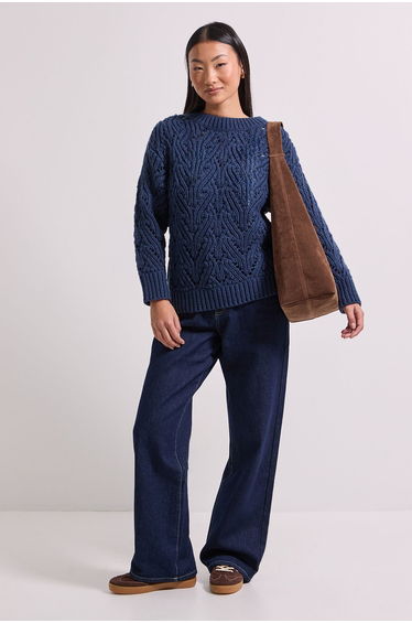 Petite Cable Pointelle Crew Neck Jumper