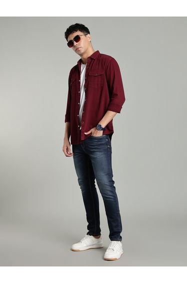 Burgundy Denim Double Pocket Shirt