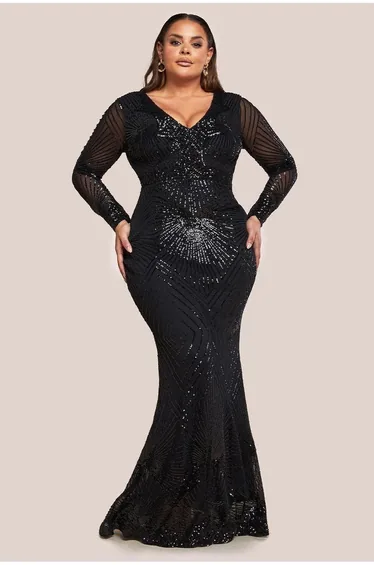 Goddiva Plus Starburst Sequin Maxi Dress - Black