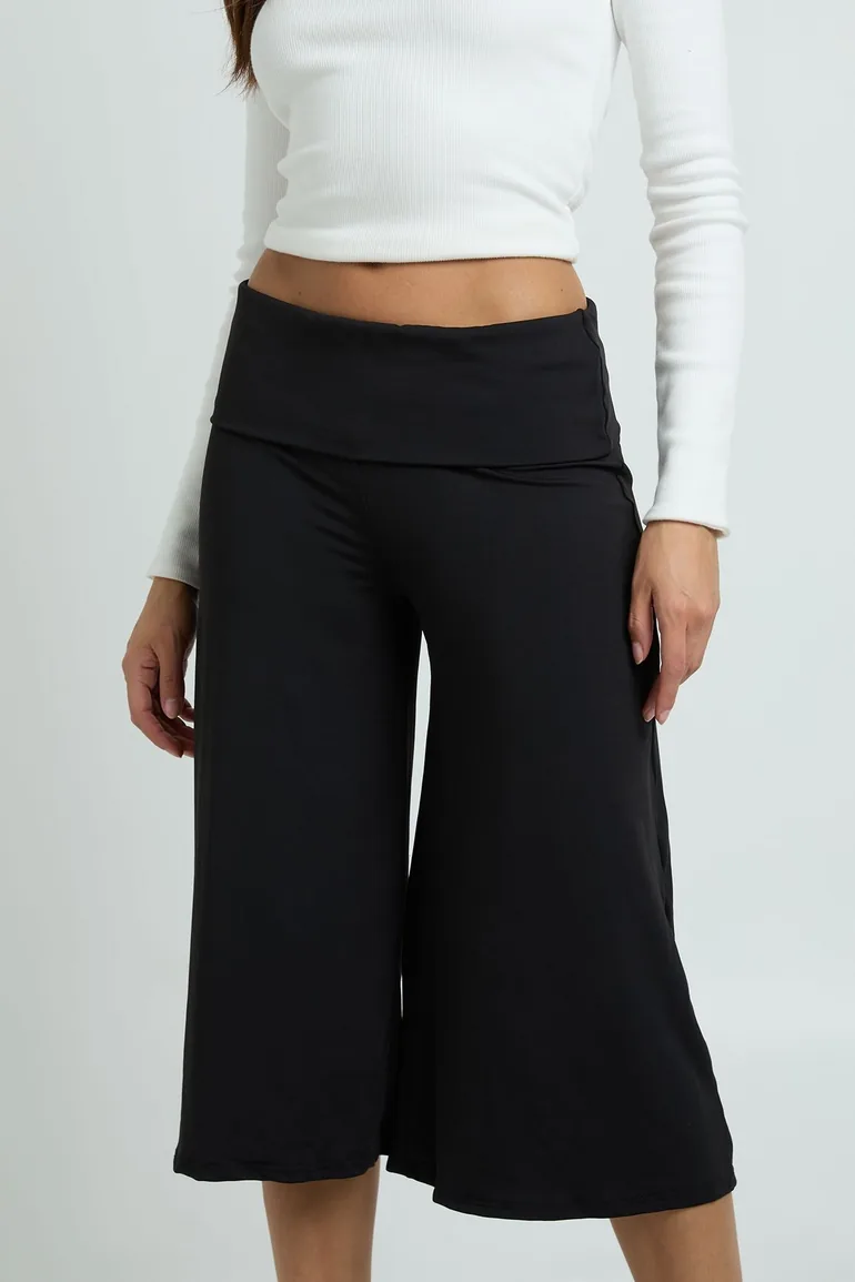 Fold Over Waistband Cropped Wide Leg Capri - black - 3