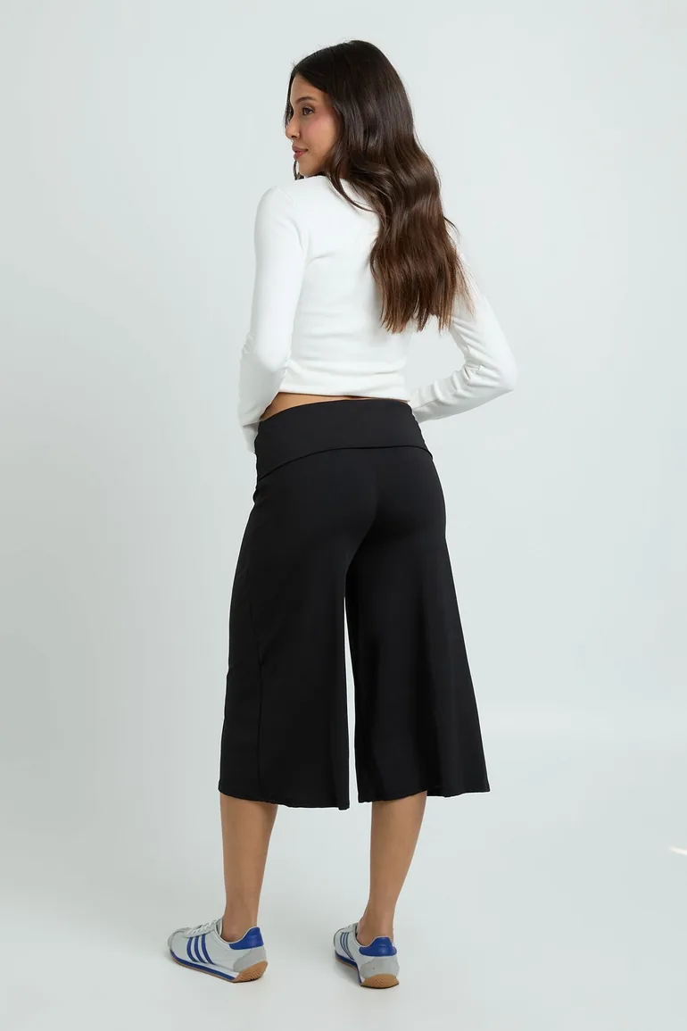 Fold Over Waistband Cropped Wide Leg Capri - black - 1