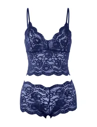 Navy Blue Plain Satin Woven Pajama Set - 6