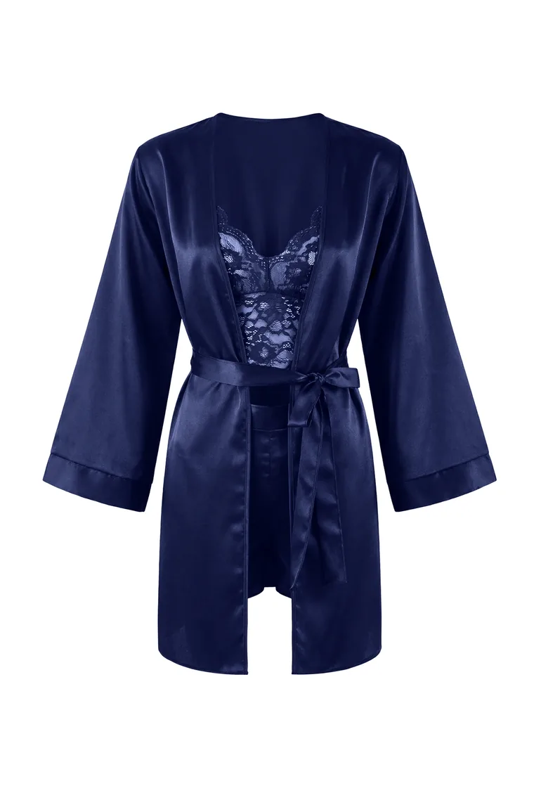 Navy Blue Plain Satin Woven Pajama Set - 4