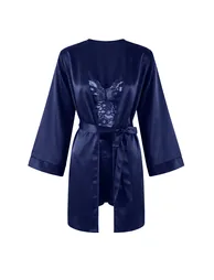 Navy Blue Plain Satin Woven Pajama Set - 4