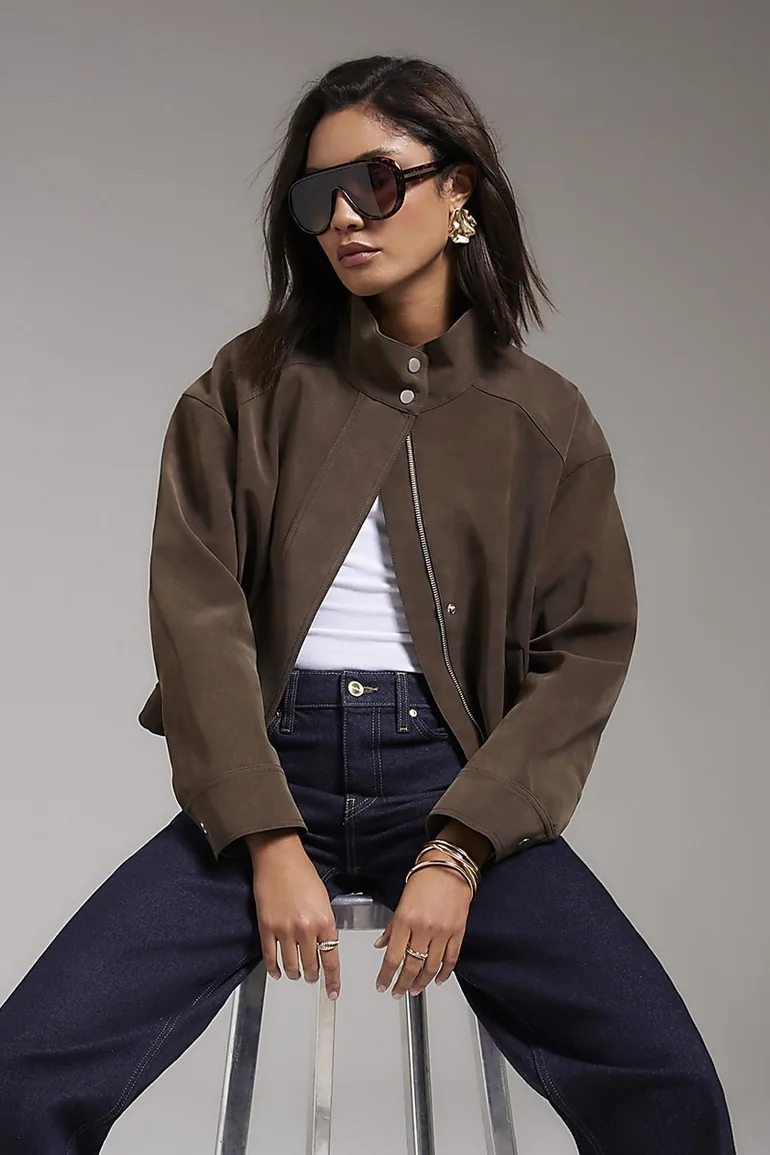 Brown Funnel Neck Washed Bomber Jacket - 1