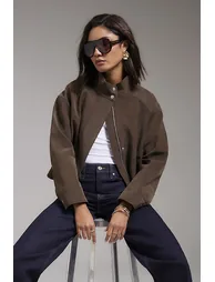 Brown Funnel Neck Washed Bomber Jacket - 1