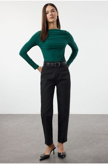 Emerald Green Boat Neck Draped Body-Smoothing Flexible Knitted top