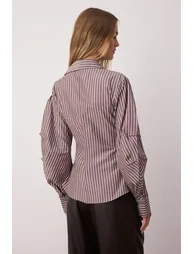 Brown Balloon Sleeve Detailed Waist-Sit Asymmetric Fitted Shirt - 3