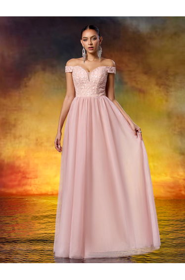 Leely Elegant Sequined Lace Off-the-Shoulder Mesh Evening Gown