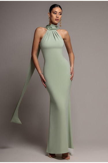 Scuba & Velvet Satin Cape Sleeve Halterneck Maxi Dress - Sage Green by Goddiva