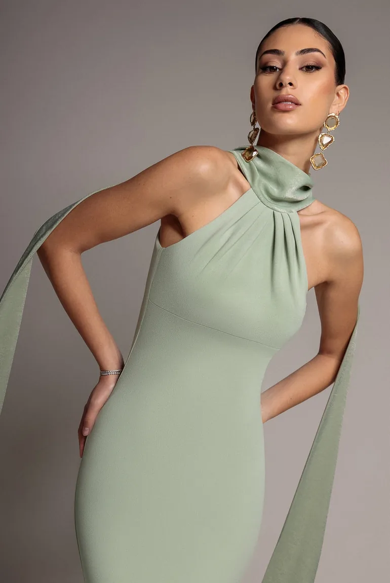 Scuba & Velvet Satin Cape Sleeve Halterneck Maxi Dress - Sage Green by Goddiva - 3