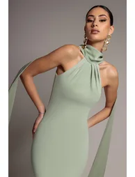 Scuba & Velvet Satin Cape Sleeve Halterneck Maxi Dress - Sage Green by Goddiva - 3