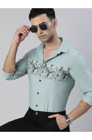 Men Green Fascia Cloud Grey Panel Print Shirt