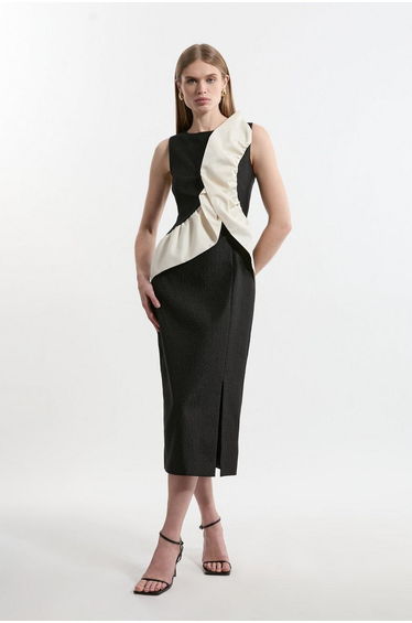 Petite Textured Tailored Contrast Taffeta Ruffle Dress