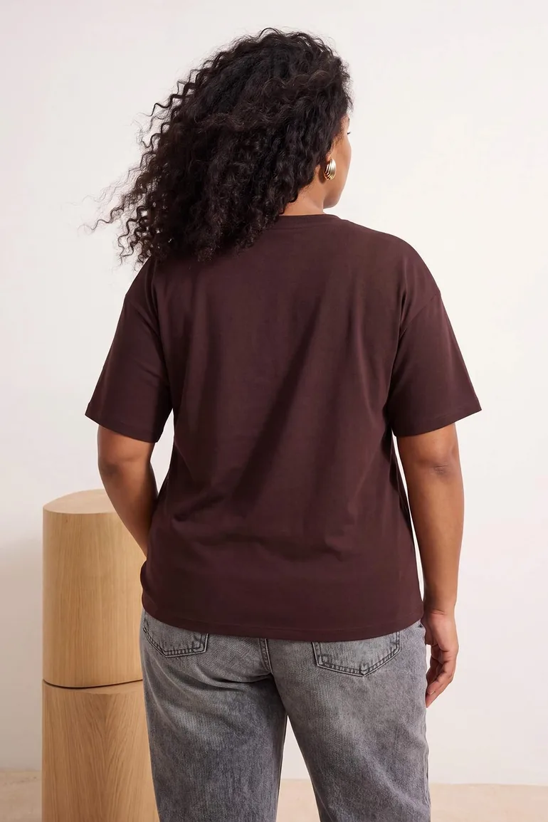 Brown 100% Cotton Printed Oversized Mold Crew Neck Oversize Knitted T-Shirt - 5