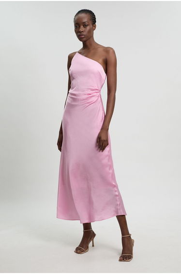 Viscose Satin Asymmetric Detail Midi Dress
