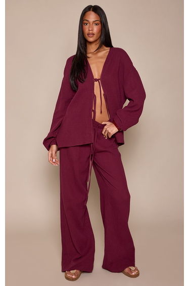 Tall Plum Textured Cheesecloth Tie Front Shirt Co-ord