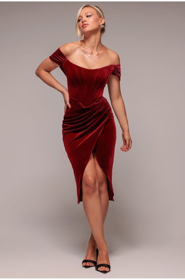 Goddiva Draped Shoulder Velvet Corset Midi Dress