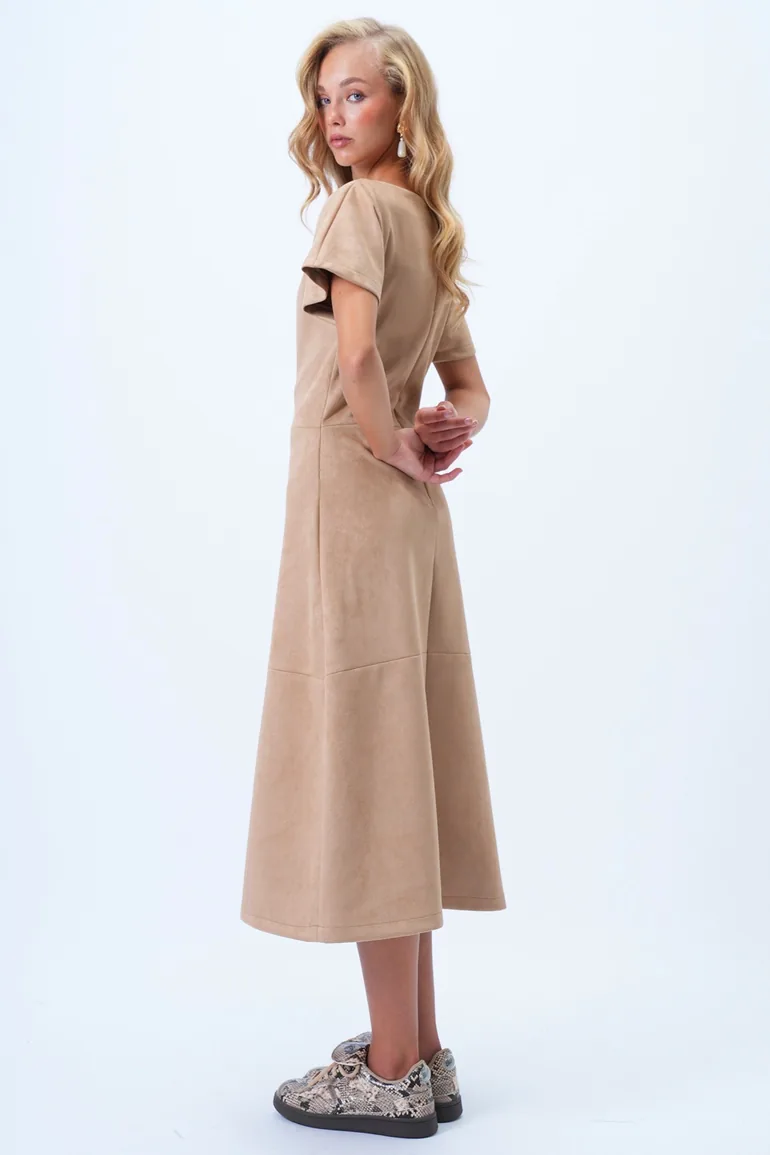 Women's Beige Boat Neck Hidden Zippered Dart and Stitch Detailed Suede Leather Dress - 5