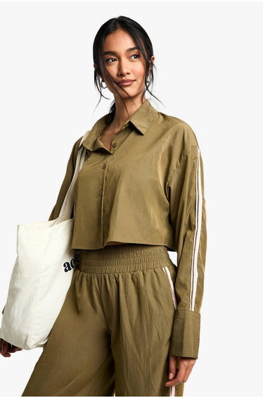 Side Stripe Woven Crop Shirt - khaki
