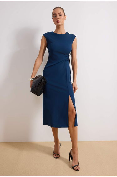 Petrol Straight Midi Woven Dress