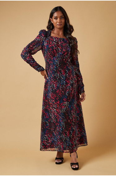Occasion Abstract Spot Ruched Sleeve Midaxi Dress