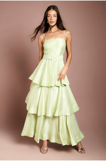 Belted Tiered Satin Maxi Dress