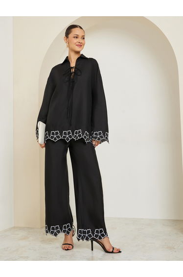 Women Embroidered Front Self-Tie Oversized Shirt