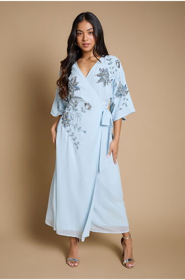 Petite Kimono Sleeve Trailing Embellished Maxi Dress