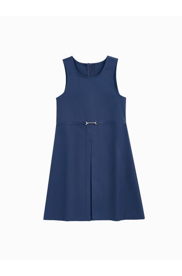 Girls' Sleeveless Dress - Solid Color With Metal Buckle Detail And Back Zipper