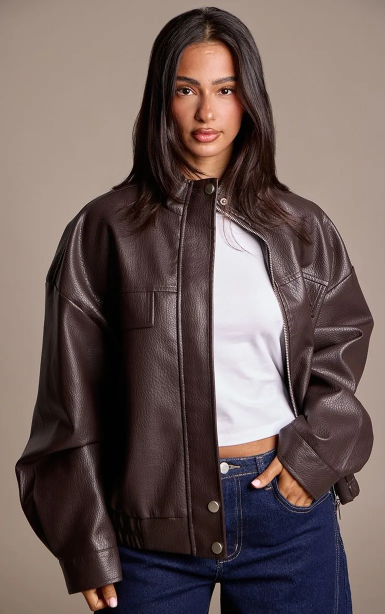 Petite Chocolate Funnel Neck Concealed Placket Faux Leather Jacket - 1
