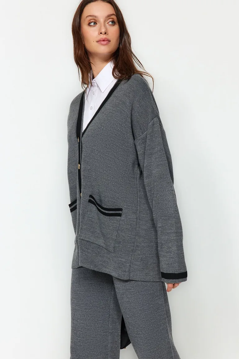 Anthracite Color Block Gold Buttons Cardigan-Pants Knitwear Bottom-Top Set - 2