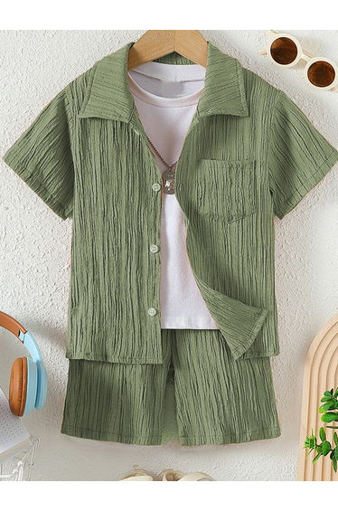 Boys Khaki Textured Shirt and Shorts Set