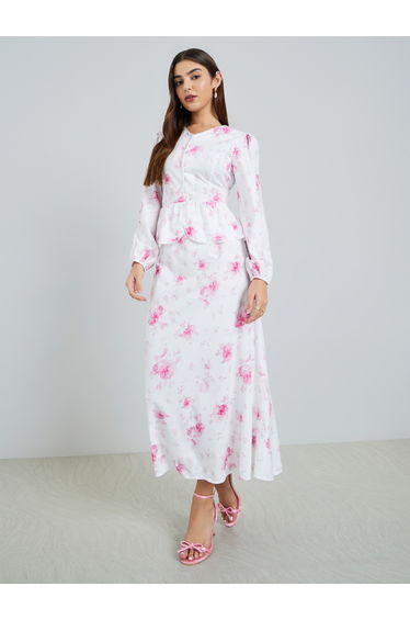 Women White Floral Print Ruffle Trim Dress