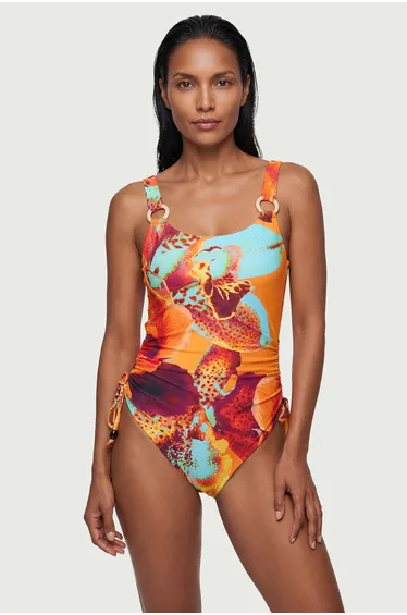 Photographic Floral With Bead Detail Low Back Swimsuit