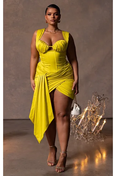 Plus Premium Chartreuse Contrsucted Satin Ruched Bust Corset